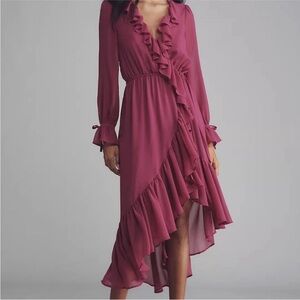 Anthropologie Long-sleeve Ruffled Asymmetric Midi Dress